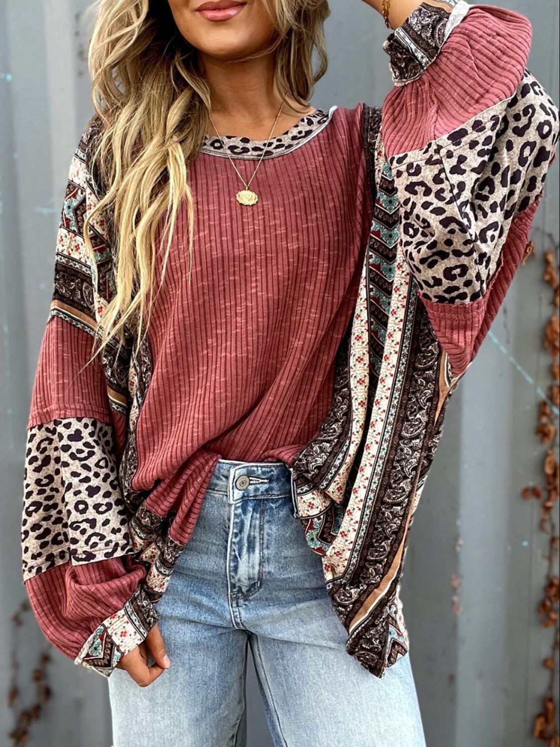 Leopard Patchwork Retro Floral Stripe Long Sleeve Blouse Top Hippie Boho Shirt