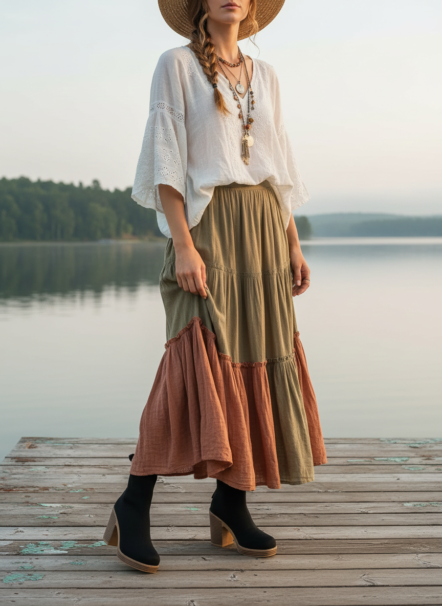 Ruffled Trim Sock Bootie Chunky Stacked Block Heel Ankle Boots Round Toe Shoes