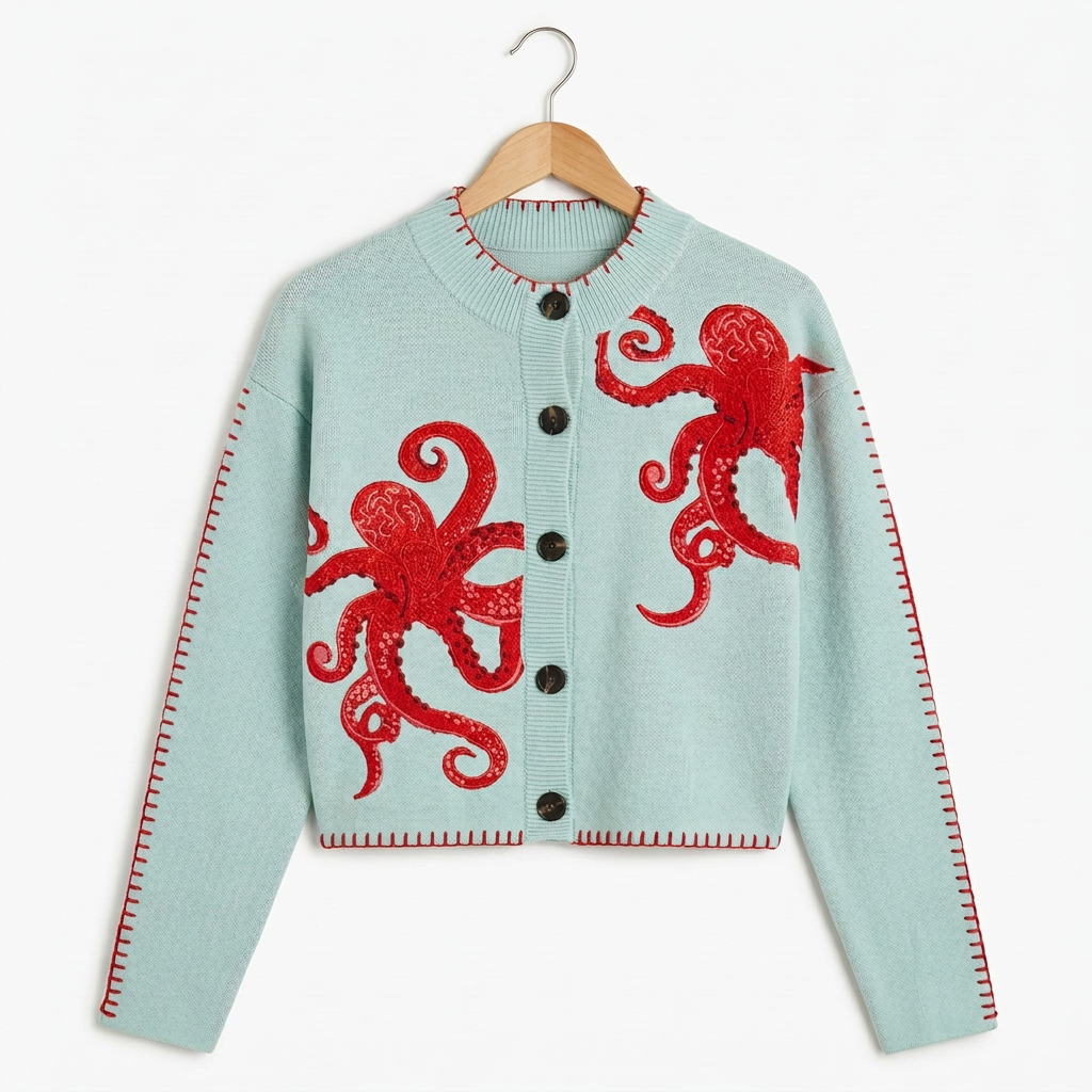 Octopus Cropped Knit Cardigan Button Front Nautical Contrast Stitch Detail Sweater