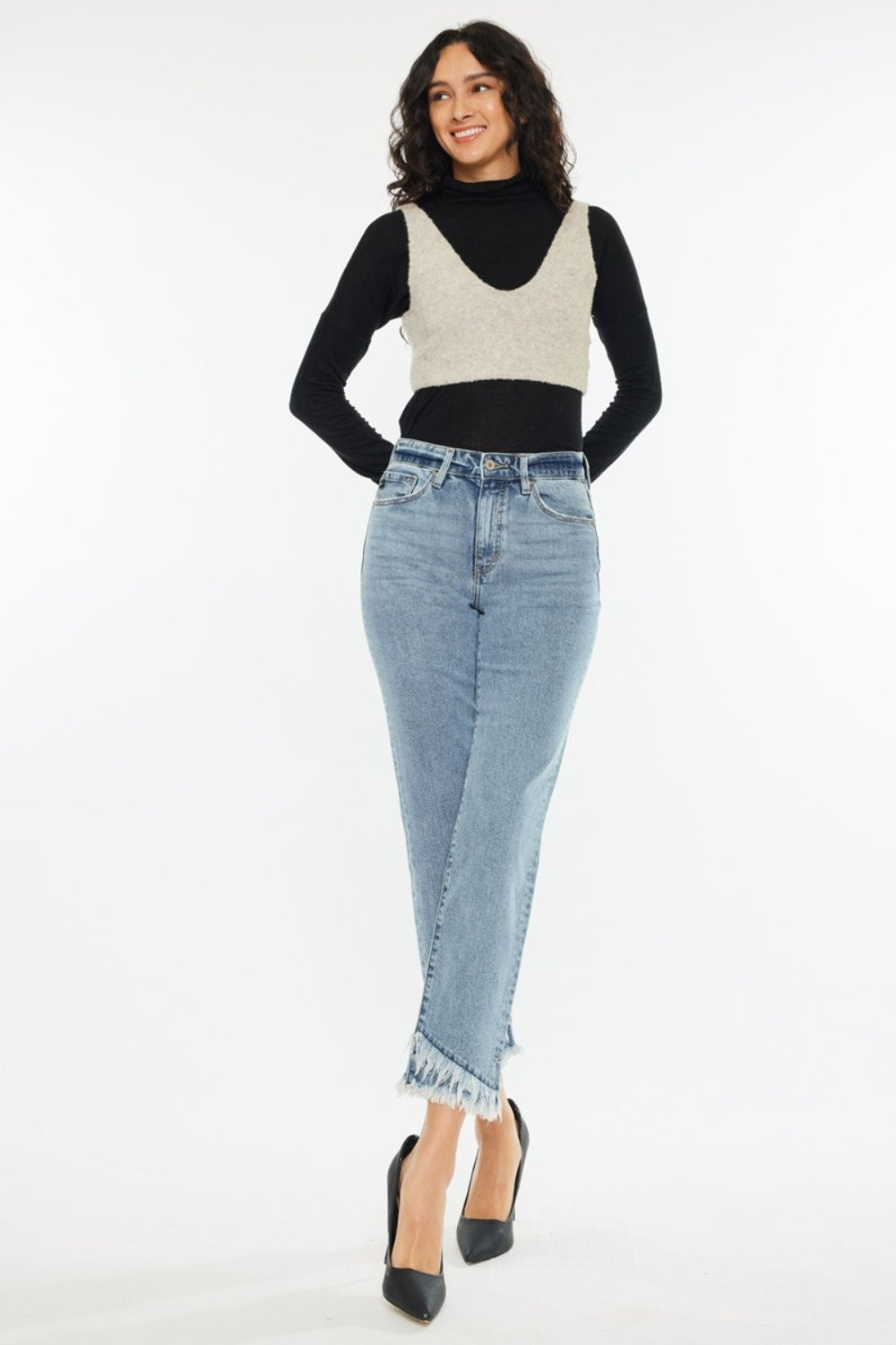 KanCan High-Rise Straight Leg Frayed Fringe Double Raw Hem Jeans Denim Pants