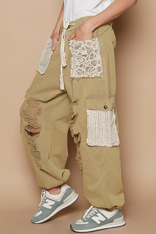 POL Lace Crochet Cargo Patchwork High-Rise Drawstring Wide Leg Ankle Jogger Pants
