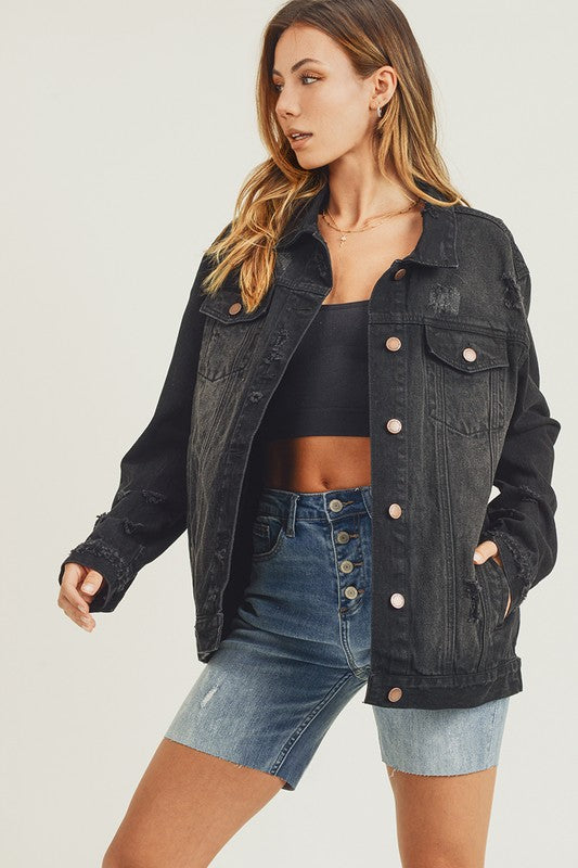 RISEN Distressed Cotton Denim Jean Jacket Long Sleeve Black Button-up Collar