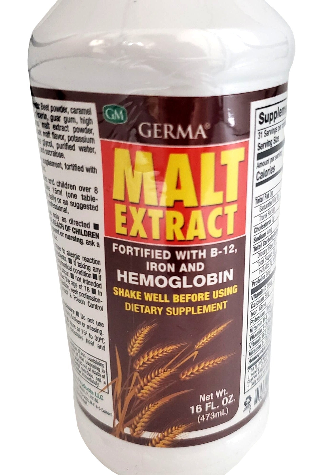 Germa Liquid Malt Extract Fortified B-12 Iron Hemoglobin 16oz bottle