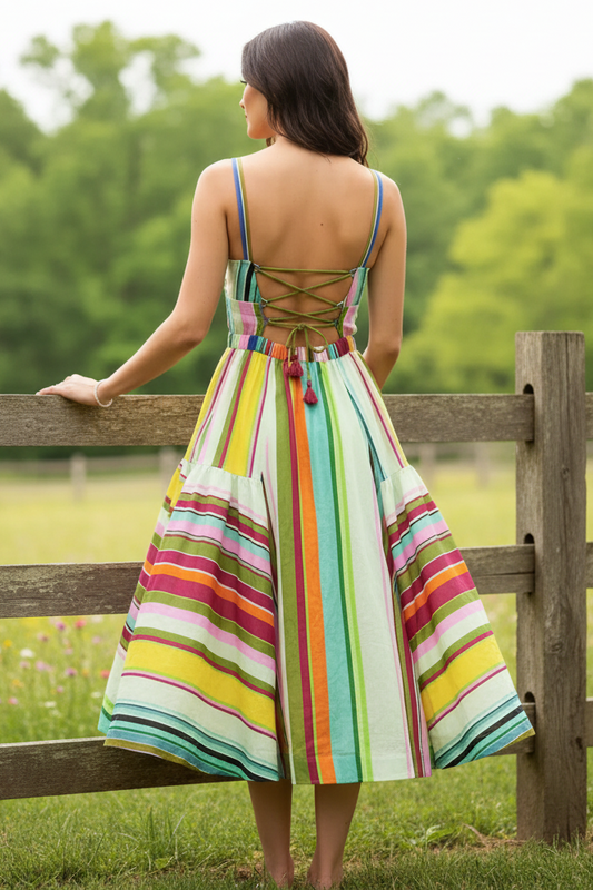 Colorful Stripe Corset Lace-Up Back Side Pocket Spaghetti Strap Scoop Neck Midi Dress