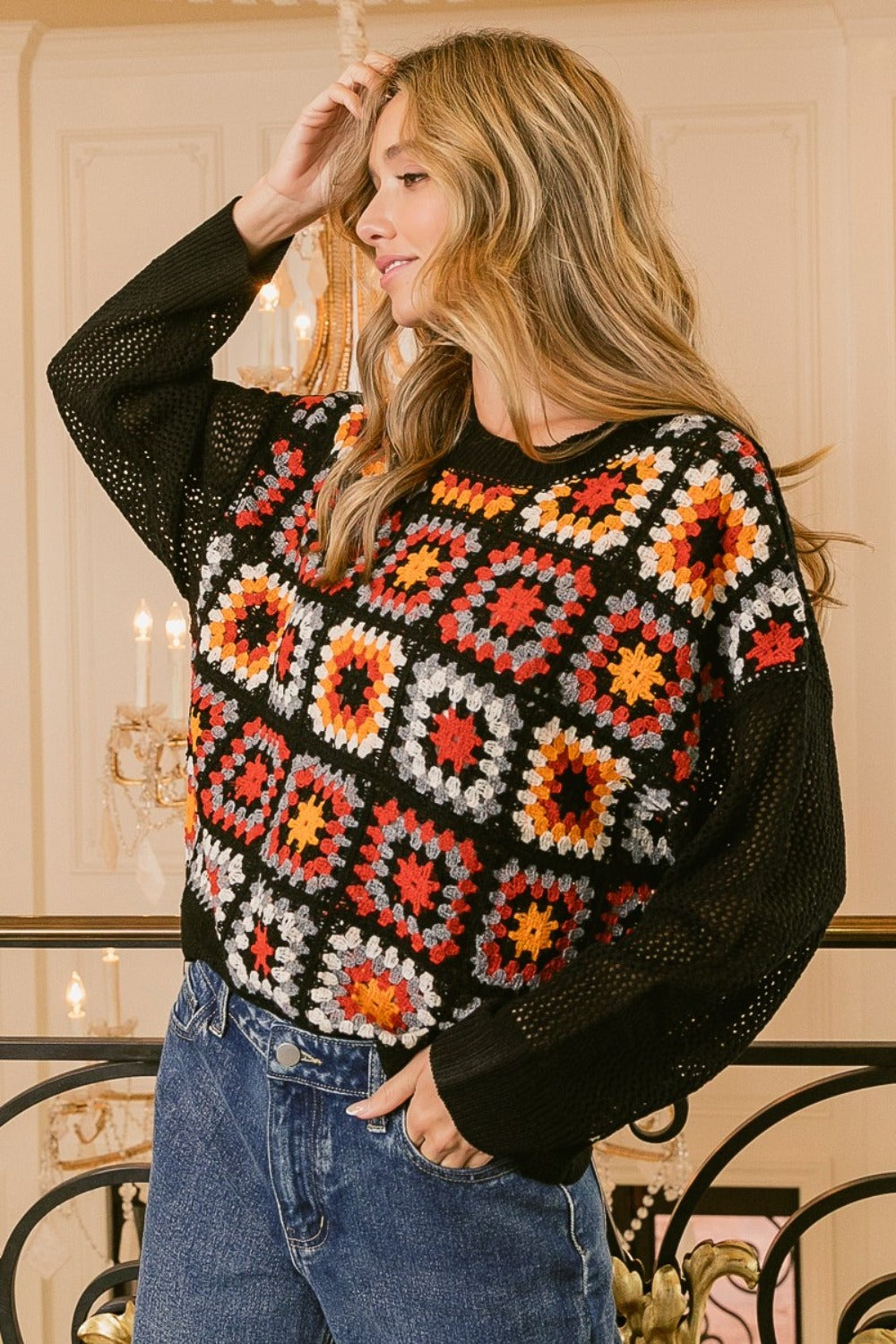 BiBi Crochet Patchwork Top Granny Square Open Knit Pullover Long Sleeve Shirt