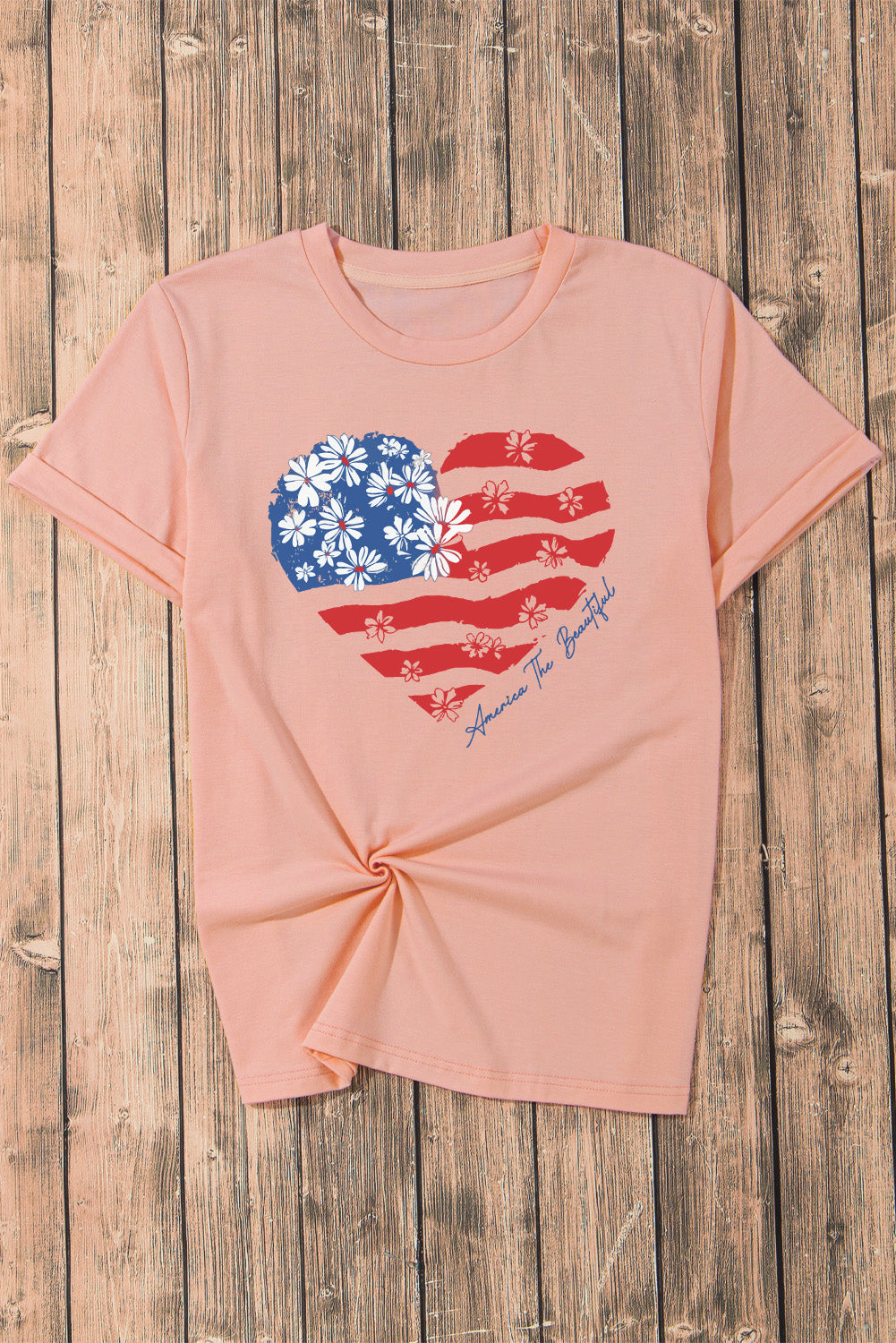 America The Beautiful American Flag Graphic Shirt Patriotic Floral Heart Top