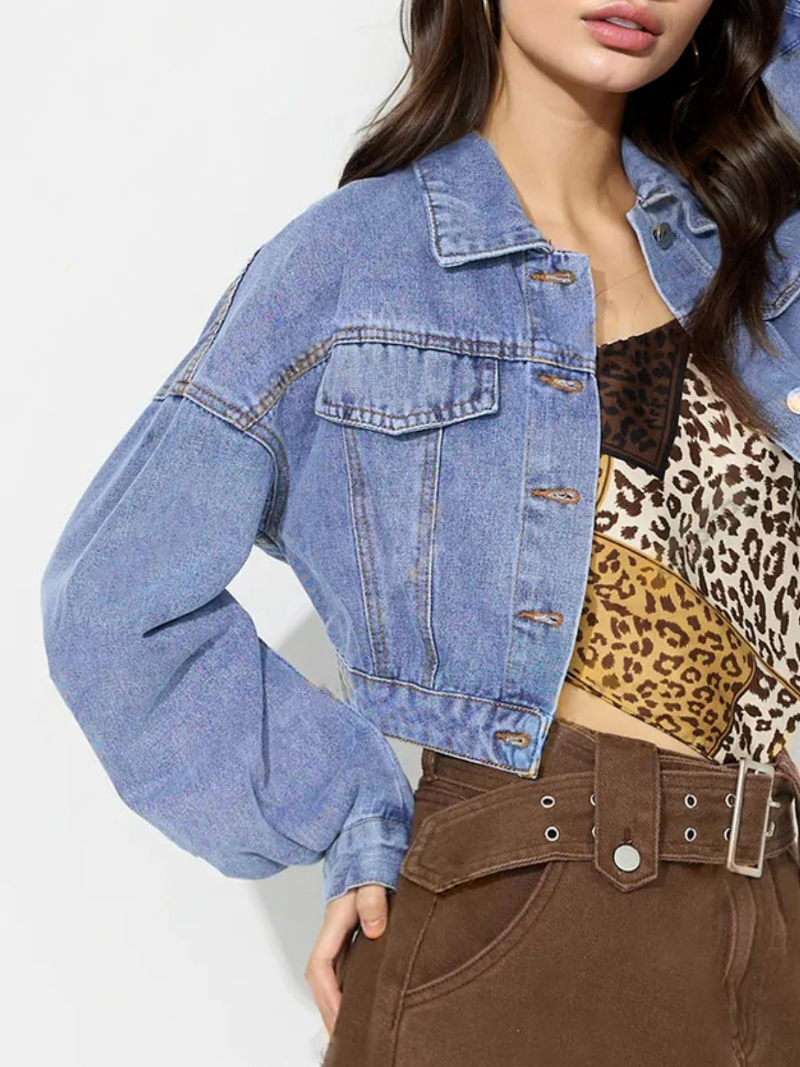 Classic Cropped 90s Retro Button Front Denim Collar Long Sleeve Blue Jean Jacket