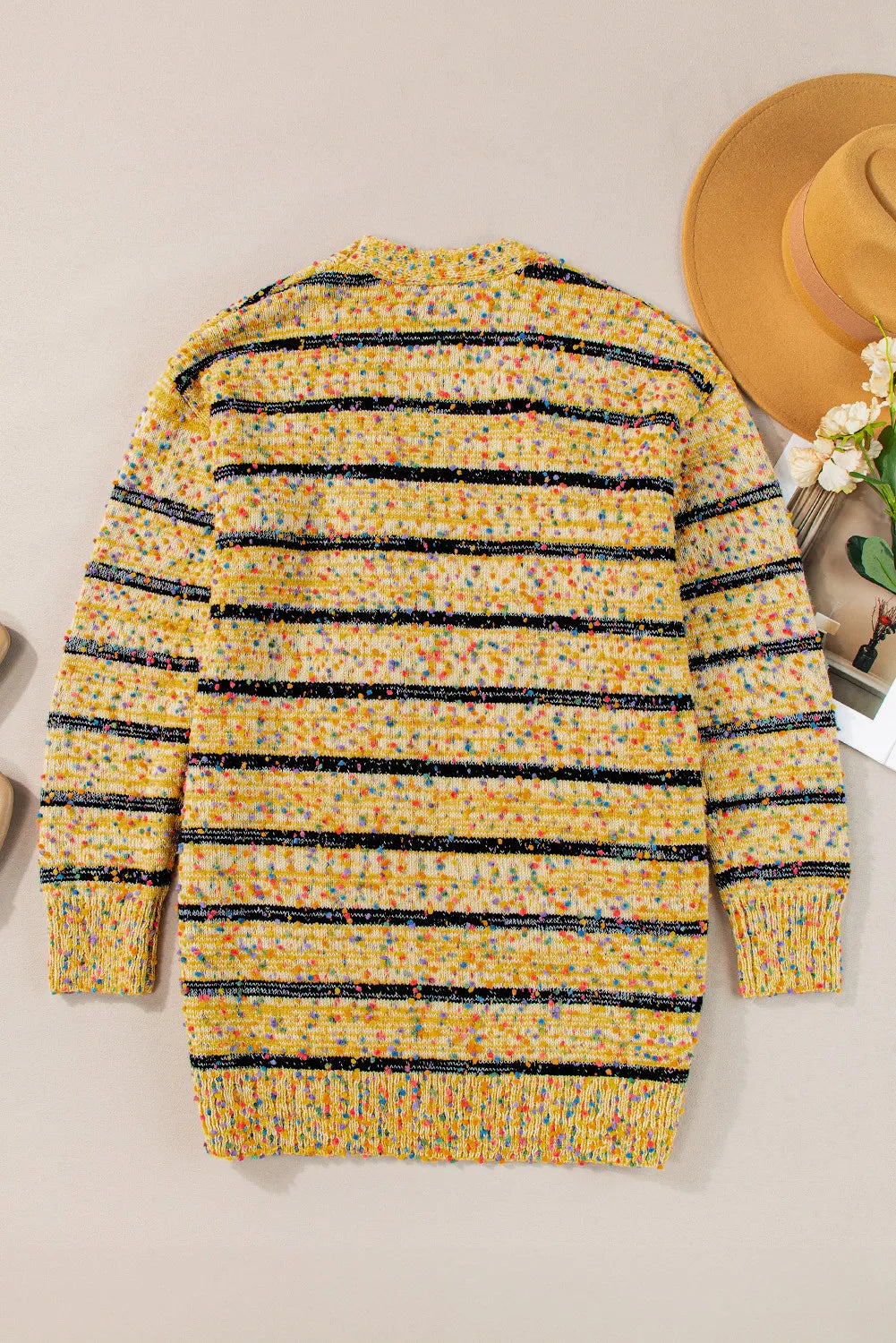 Colorful Popcorn Knit Longline Cardigan Long Sleeve Stripe Pocket Open Front Sweater