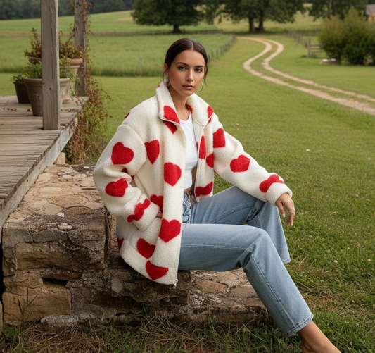 Plush Teddy Heart Print Zip Up Long Sleeve Collared Sweater Jacket Pockets