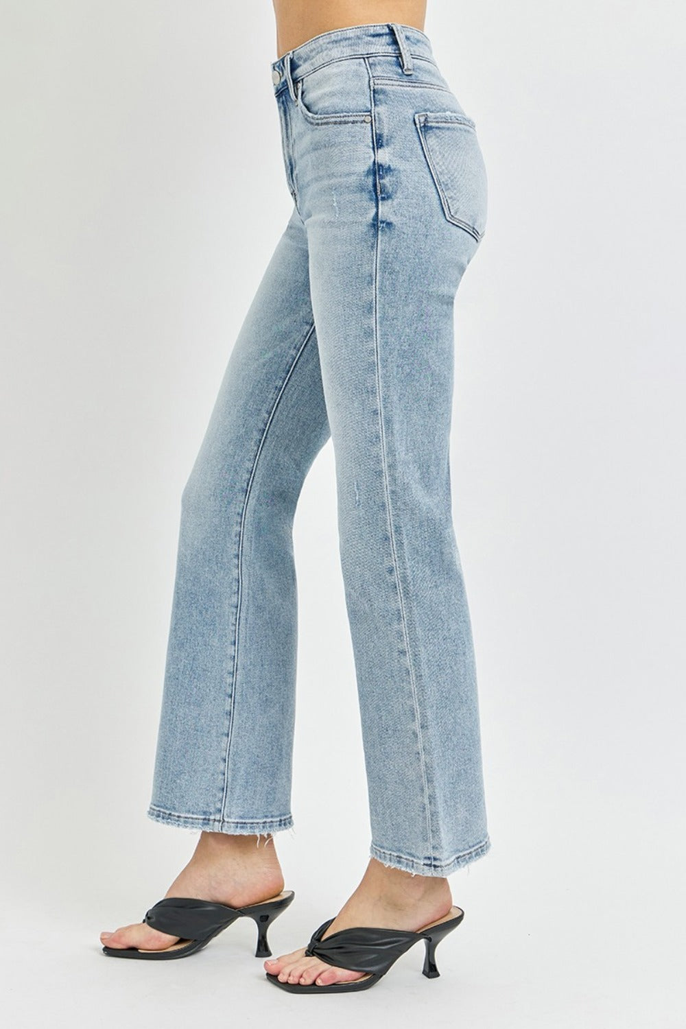 RISEN High-Rise Waist Slim Pants Wide Ankle Flare Hem Retro Denim Blue Jeans