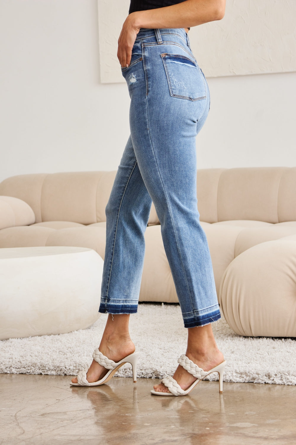 Judy Blue Mid-Rise Raw Distressed Wide Bootcut Cropped Hem Denim Jean Pants