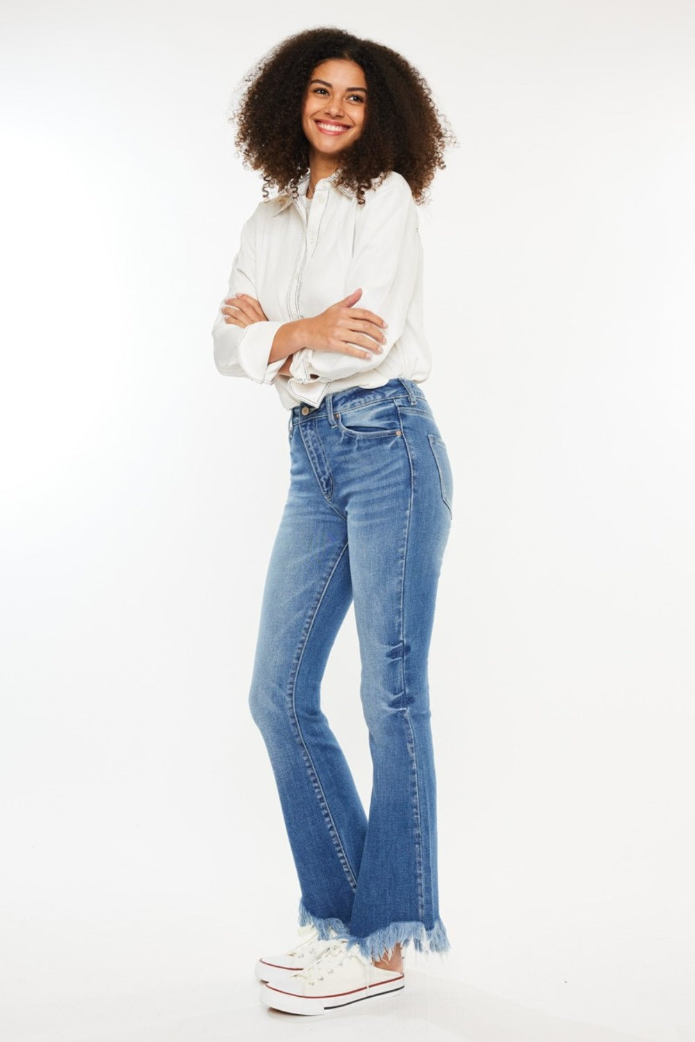 KanCan High-Rise Skinny Fit Denim Pants Asymmetrical Frayed Flare Hem Jeans