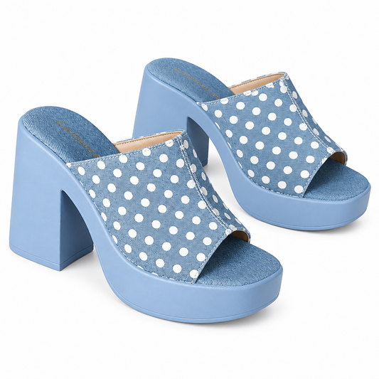 Denim Polka Dot Platform Mules Open Toe Shoes Chunky Block Heel Slip-On Sandals