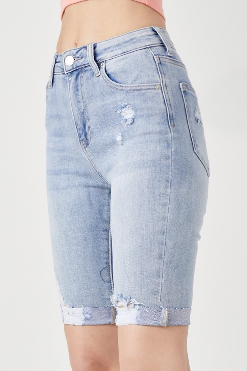 RISEN High Rise Slim Distressed Retro Torn Denim Cuffed Skinny Jean Bermuda Shorts