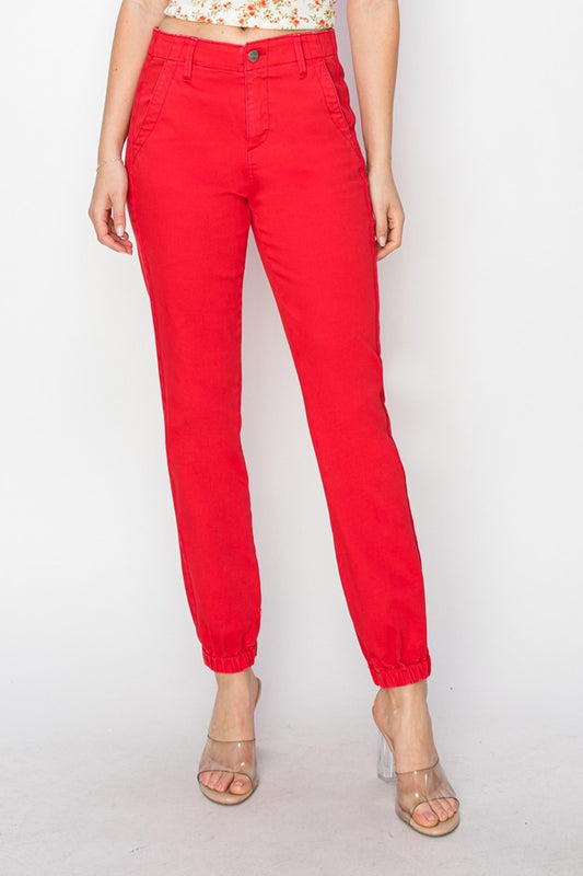 RISEN High-Rise Waist Jogger Pants Ankle Relaxed Straight Leg Red Denim Jeans