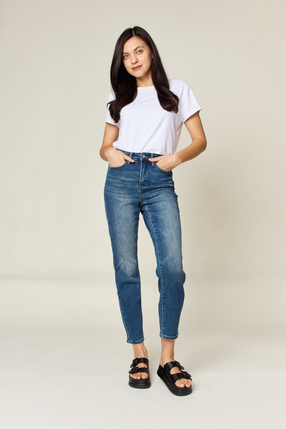 Judy Blue Tummy Control High-Rise Waist Distressed Slim Fit Stretch Dark Denim Ankle Jean Pants
