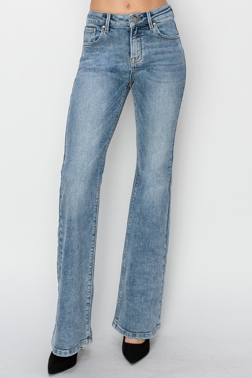 RISEN Classic Mid-Rise Jeans Slim Traditional Bootcut Wide Hem Denim Pants