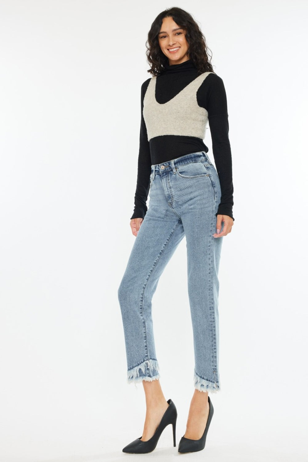 KanCan High-Rise Straight Leg Frayed Fringe Double Raw Hem Jeans Denim Pants