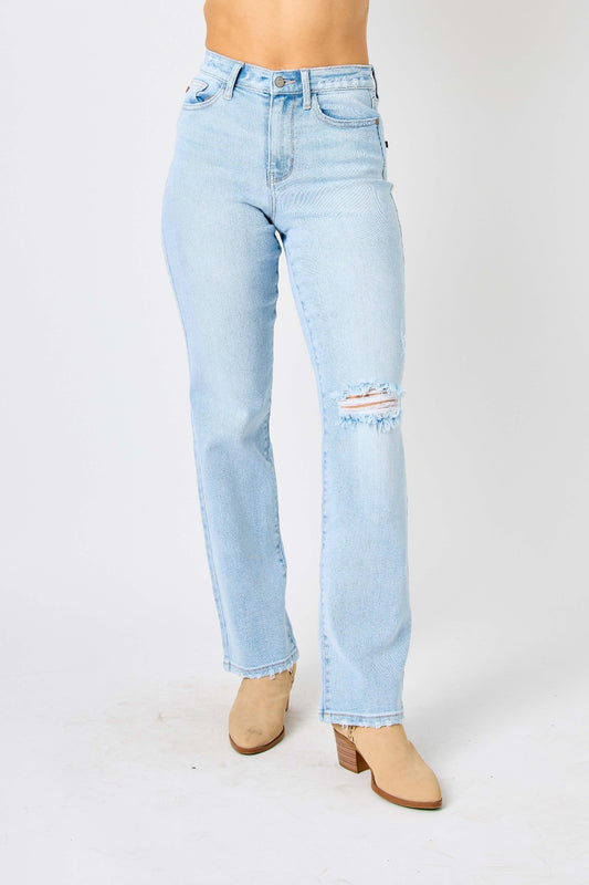 Judy Blue High-Rise Waist Distressed Torn Denim Ripped Straight Leg Jean Pants