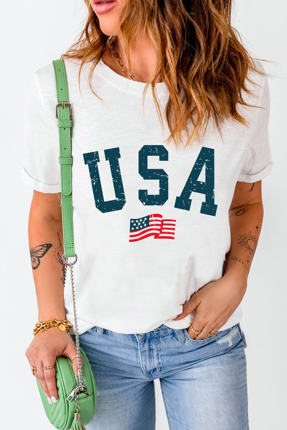 Rustic American Flag USA Graphic Shirt Americana Patriotic Short Sleeve Top