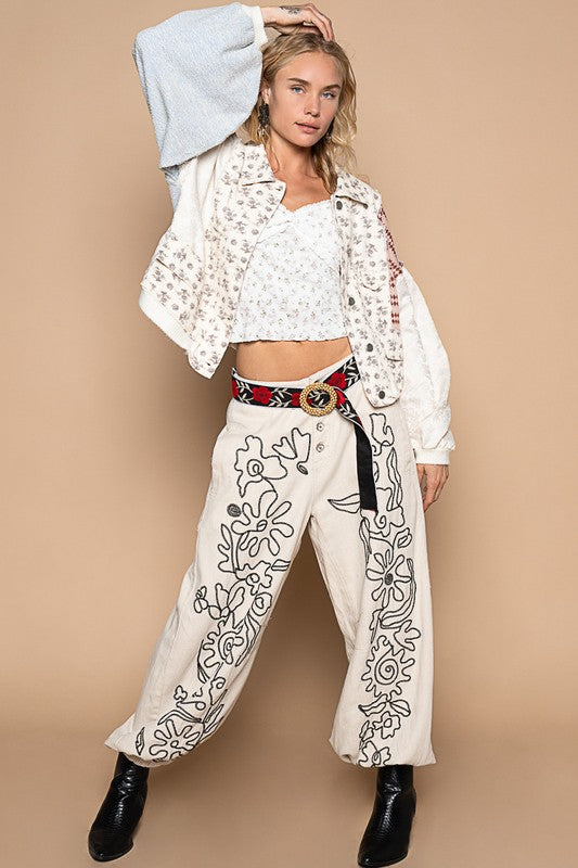 POL Embroidered Heart Flower Boho Jacket Retro Floral Patchwork Collar Button-up
