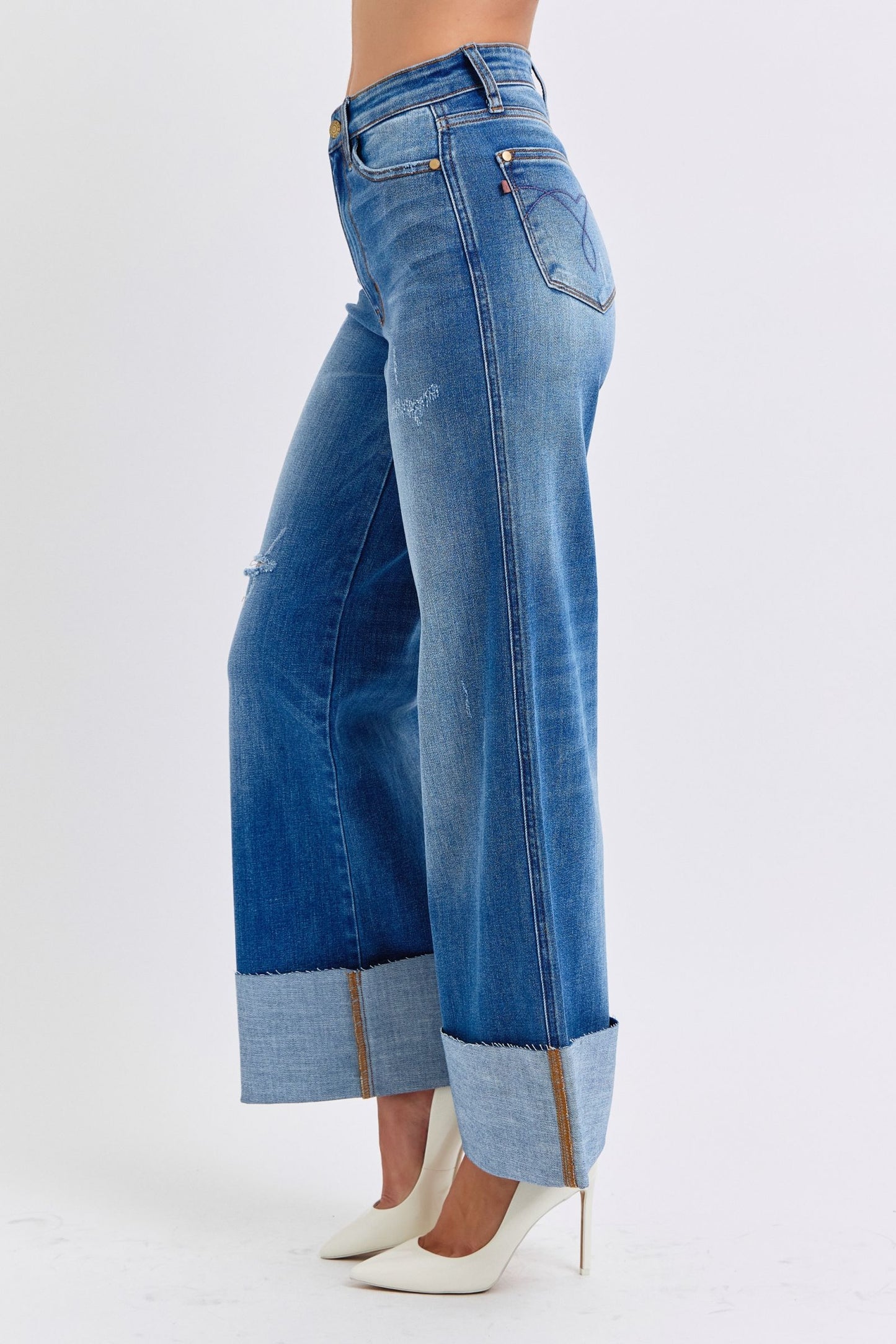 Judy Blue High-Rise Boyfriend Jeans Ultra Wide Leg Cuff Raw Hem Denim Pants