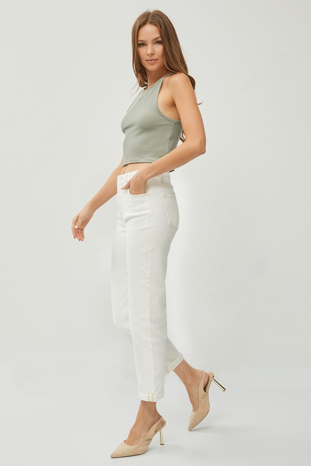 RISEN High-Rise Waist Boyfriend Jeans Straight Leg Rolled Cropped Cuffed Denim Pants
