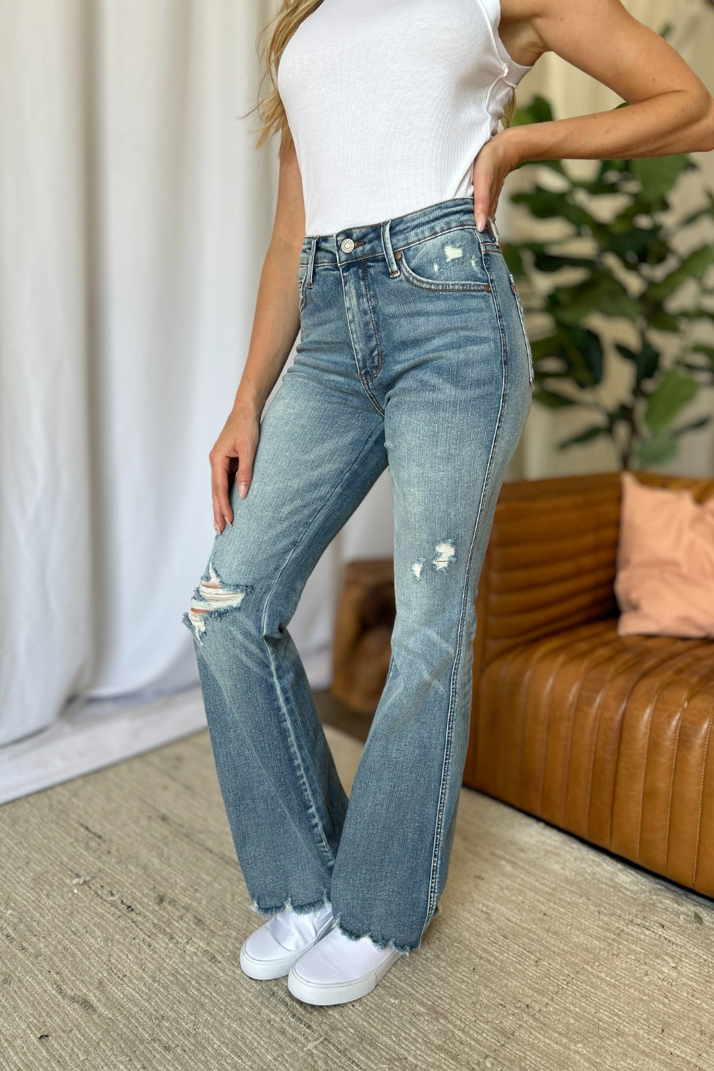 Judy Blue Mid-Rise Tummy Control Jeans Flare Hem Retro Distressed Denim Pants