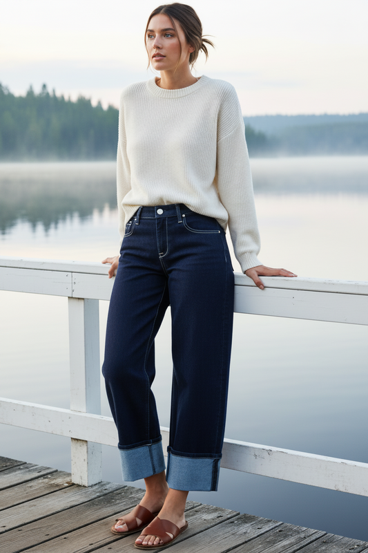 Risen High-Rise Baggy Barrel Horseshoe Cropped Wide Leg Cuffed Raw Hem Jeans