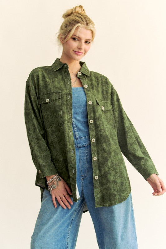 Davi & Dani Denim Shacket Diamond Quilt Stitching High Low Oversized Jean Shirt Jacket