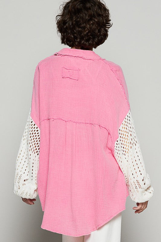 POL Crochet Patchwork Oversized Button-Up Blouse Long Sleeve High-low Gauze Shirt