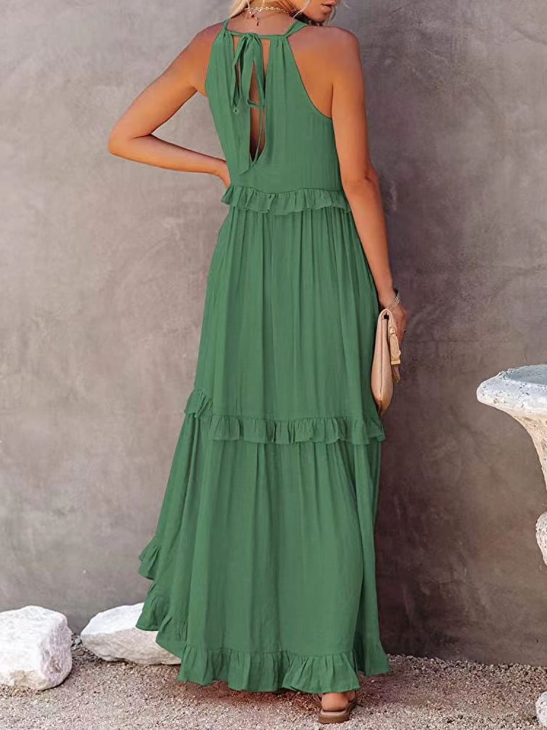 Ruffle Sleeveless Grecian Tie Back Tiered Summer Side Pocket Oversized High-Low Maxi Dress
