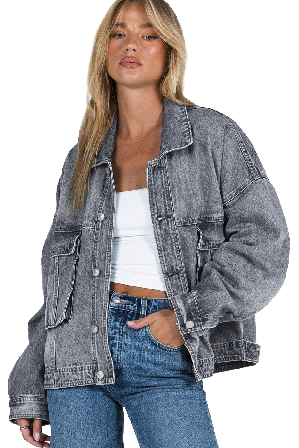 Oversized Denim Jacket Button-Up Collared Retro 90s Boyfriend Heavy Blue Jean