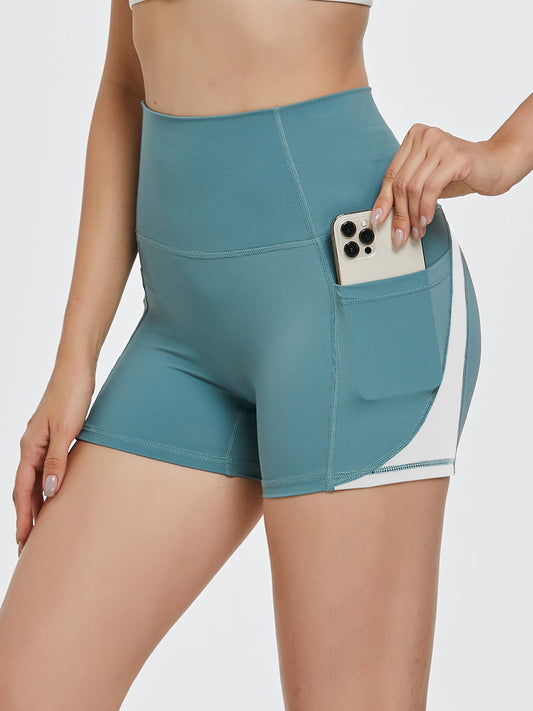 High Rise Waist Pocket Athletic Shorts Wide Waistband Contrasting Stripe Activewear
