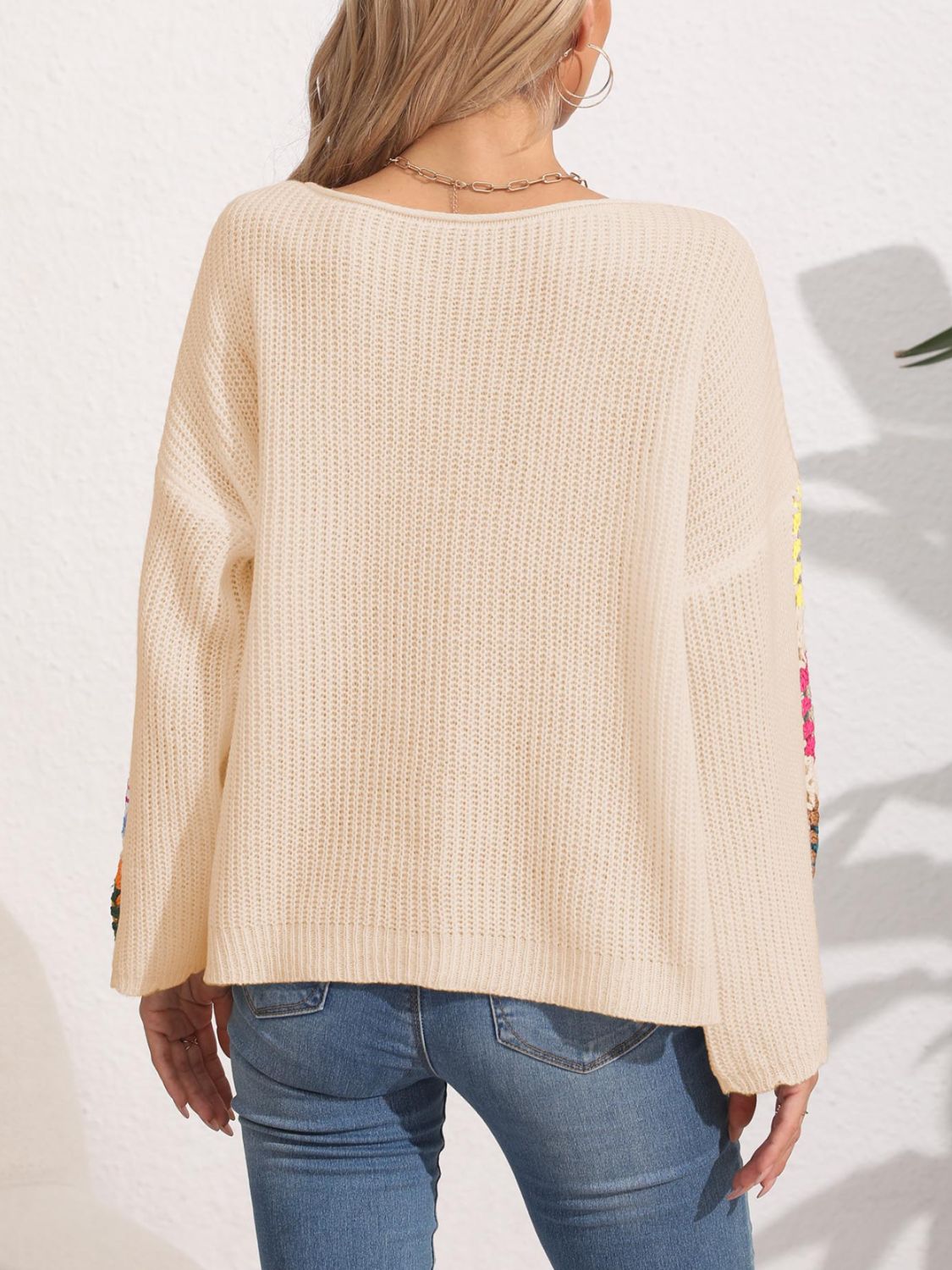 Colorful Crochet Flower Bohemian Long Sleeve Waffle Knit Shirt Oversized Retro Top