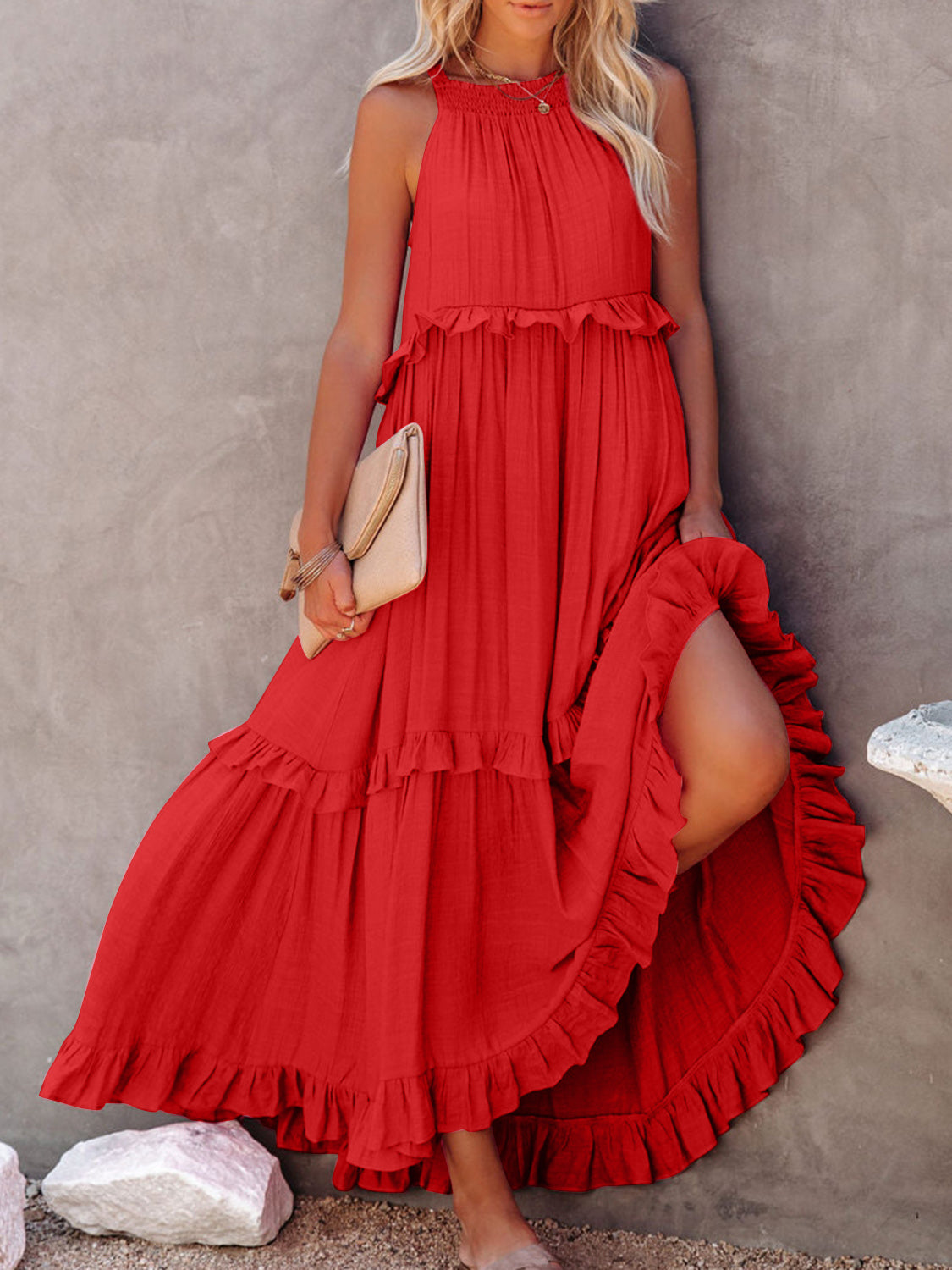 Ruffle Sleeveless Grecian Tie Back Tiered Summer Side Pocket Oversized High-Low Maxi Dress