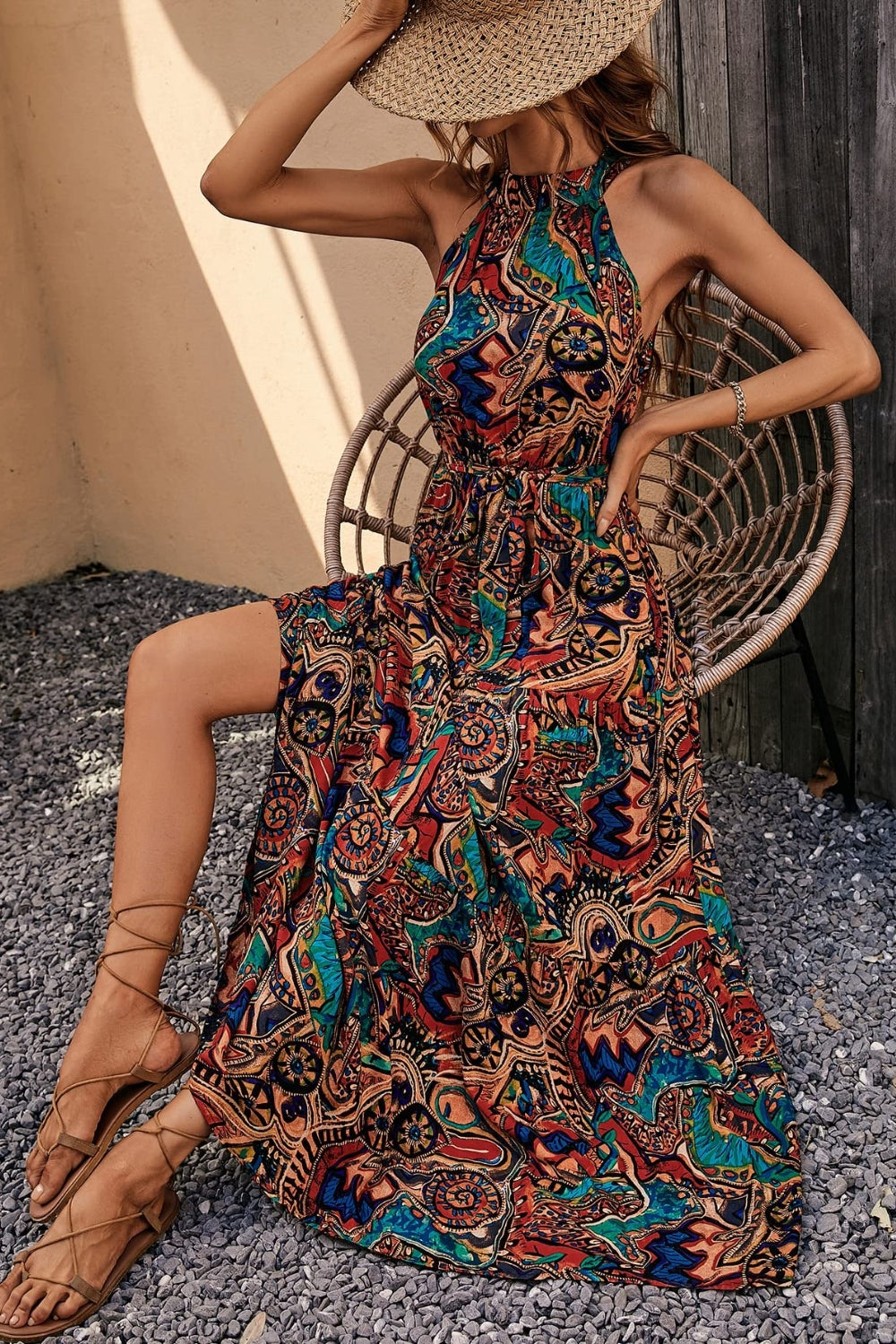 Grecian High-Neck Tie Belt Sleeveless Bold Colorful Tiered Maxi Summer Dress