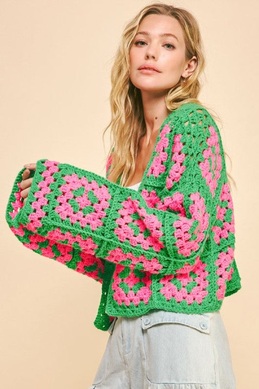 DAVI & DANI Crochet Granny Square Knit Floral Contrasting Open Sweater Cardigan