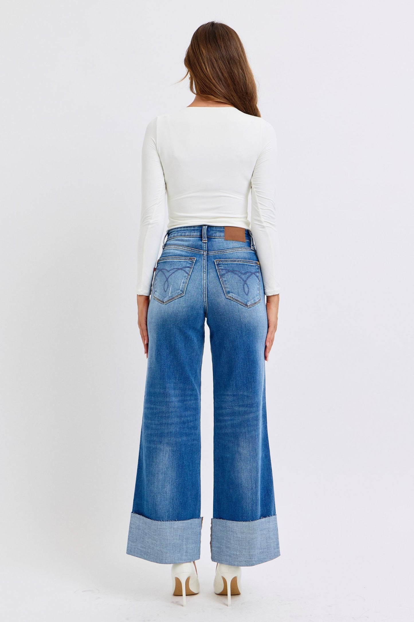 Judy Blue High-Rise Boyfriend Jeans Ultra Wide Leg Cuff Raw Hem Denim Pants