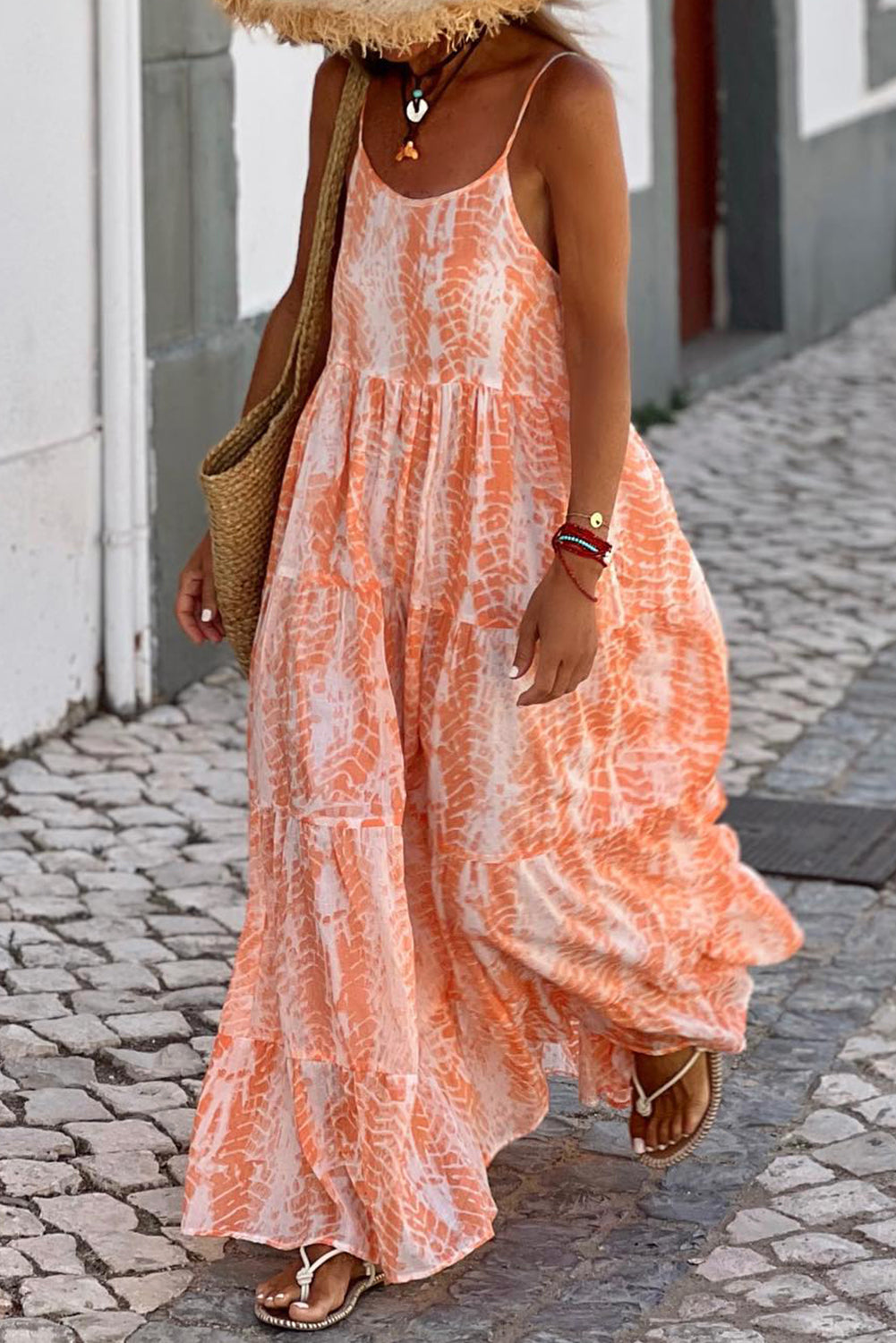 Retro Tie-Dye Sleeveless Spaghetti Strap Tiered Oversized Summer Maxi Retro Tie-Dye Sleeveless Spaghetti Strap Tiered Oversized Summer Maxi