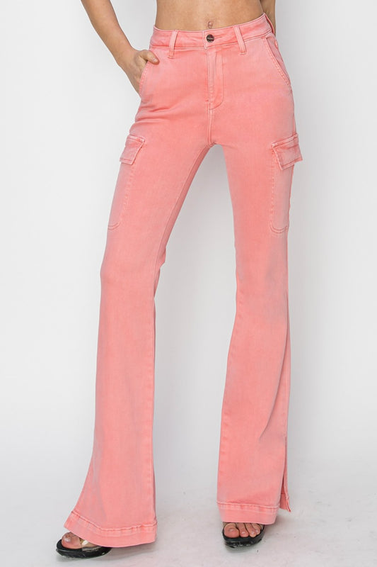 RISEN Cargo High-Rise Waist Split Hem Bootcut Pink Denim Pants Jean