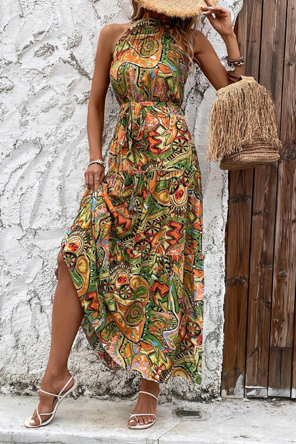 Grecian High-Neck Tie Belt Sleeveless Bold Colorful Tiered Maxi Summer Dress