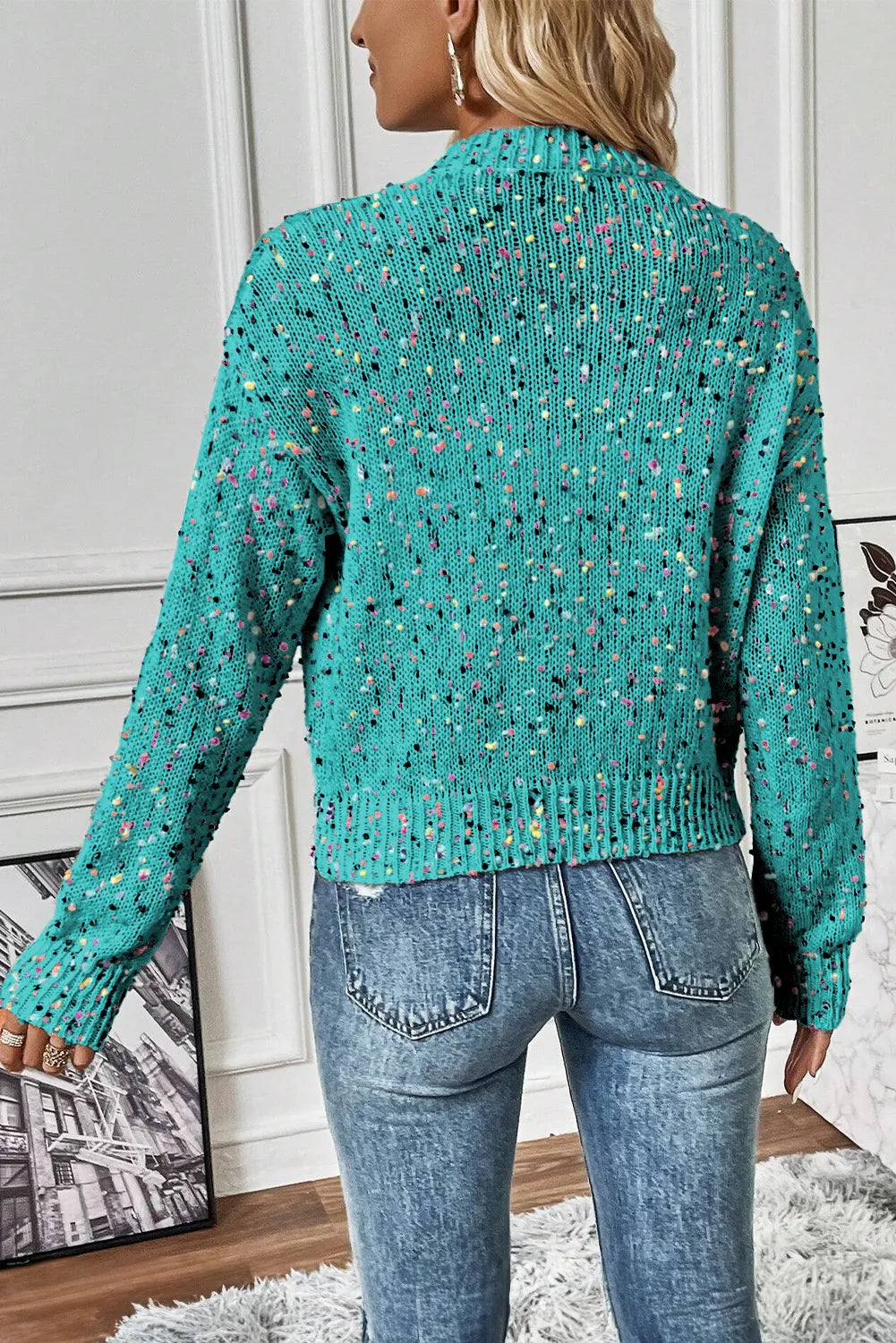 Colorful Popcorn Confetti Knit Cardigan Long Sleeve Round Neck Button-Up Sweater