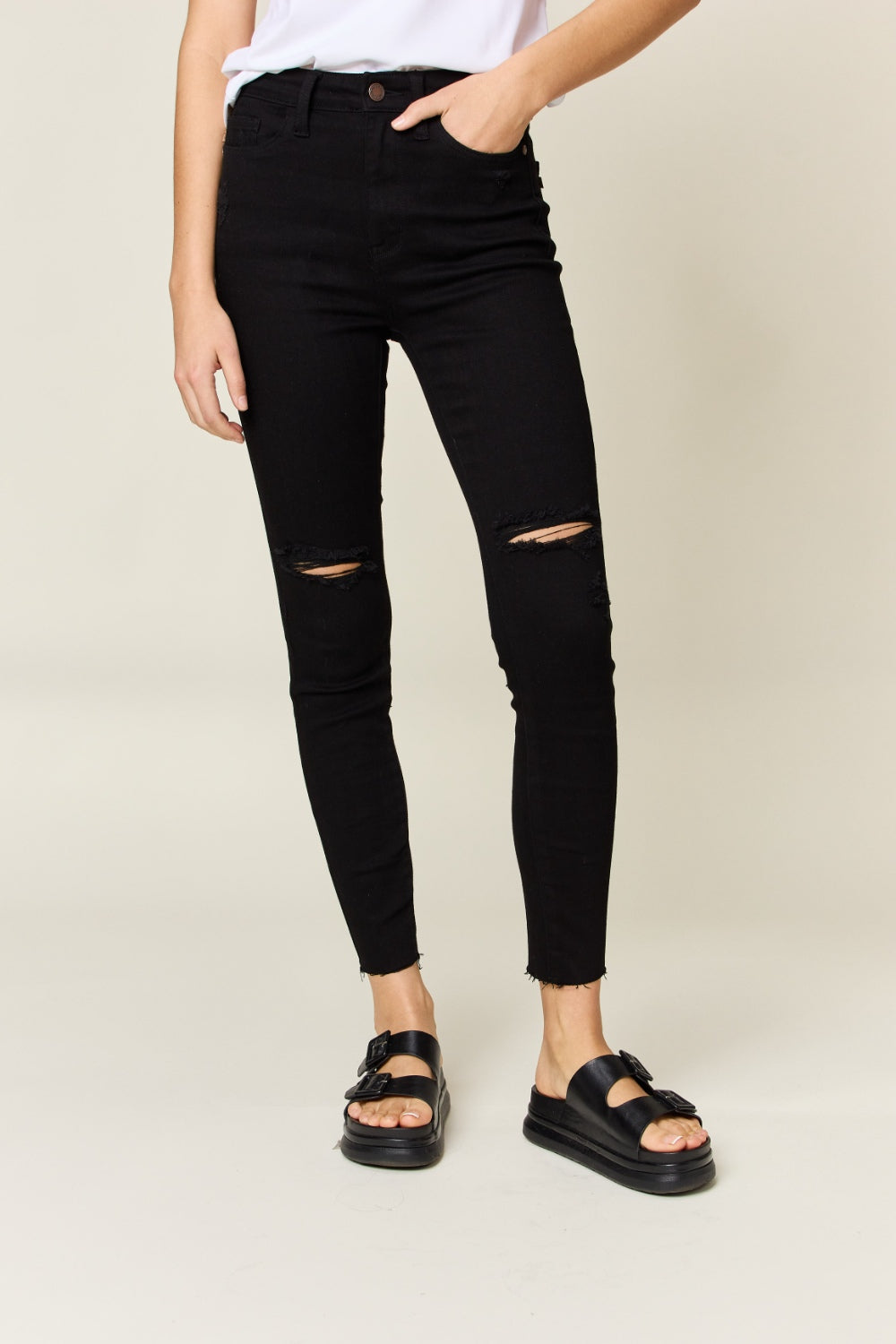 Distressed Tummy Control High-Rise Stretch Skinny Slim Denim Jean Pant Judy Blue
