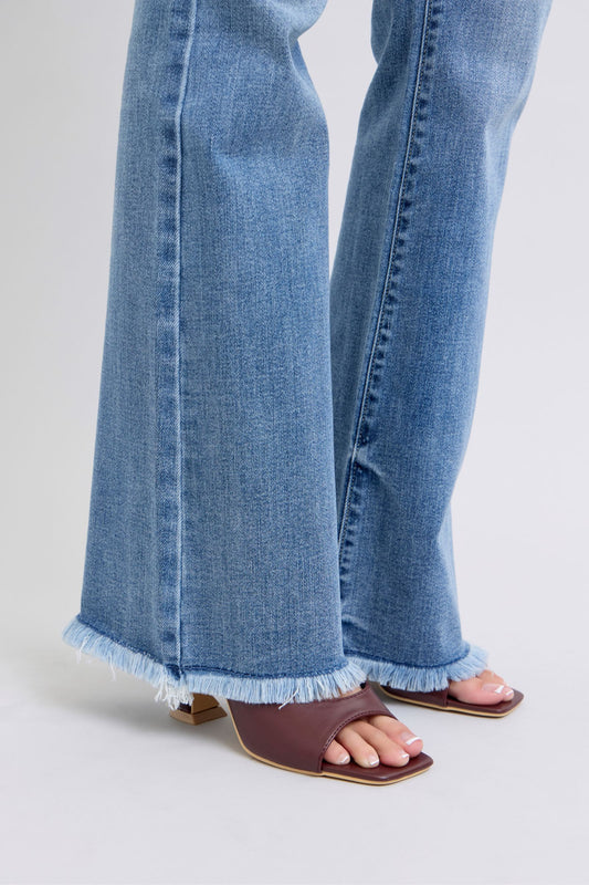 Judy Blue High-Rise Waist Bootcut Jeans Distressed Raw Hem Boyfriend Denim Pants