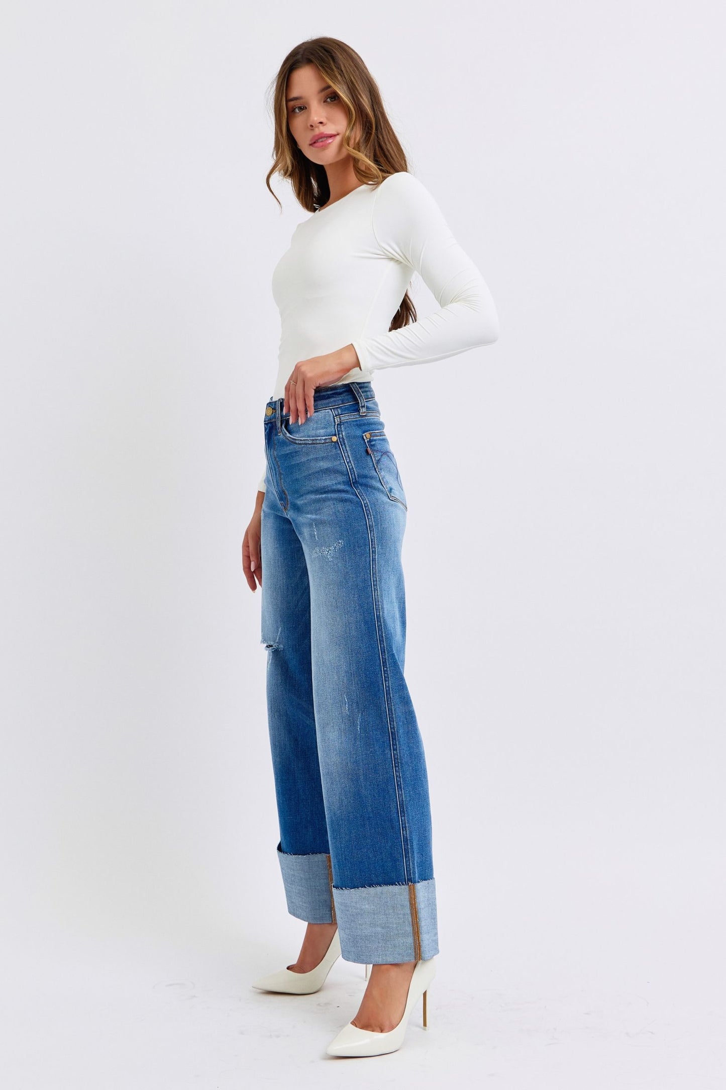 Judy Blue High-Rise Boyfriend Jeans Ultra Wide Leg Cuff Raw Hem Denim Pants