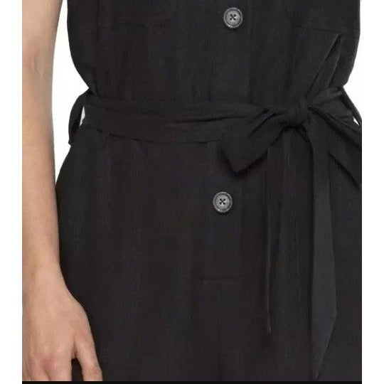 Matty M Women's Linen Blend Button Front Shorts Romper Breathable Black One-piece