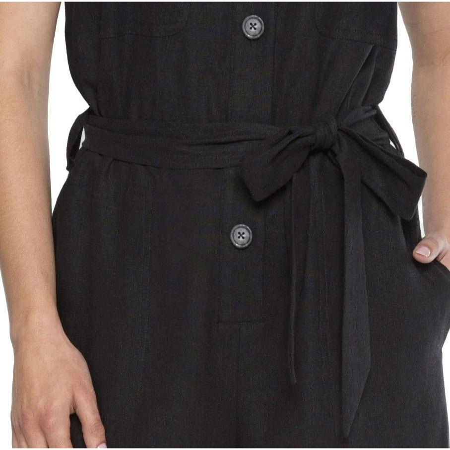 Matty M Women's Linen Blend Button Front Shorts Romper Breathable Black One-piece