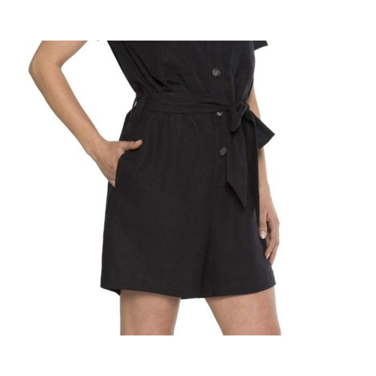 Matty M Women's Linen Blend Button Front Shorts Romper Breathable Black One-piece
