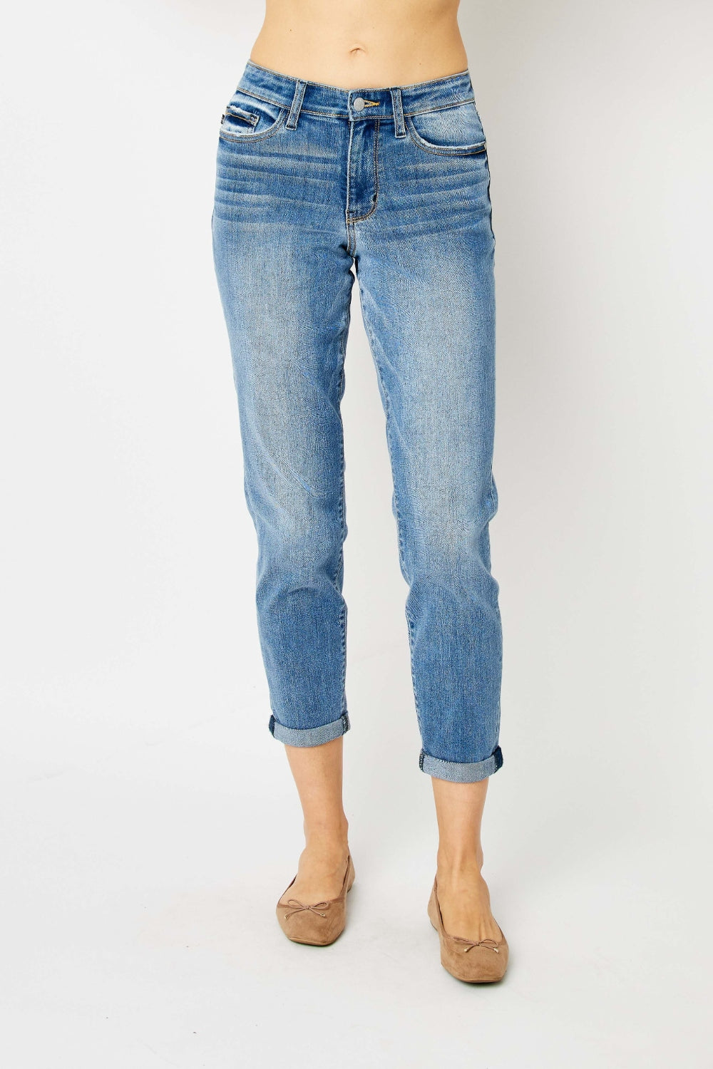 Slim Leg Mid-Rise Stretch Denim Pants Cropped Cuff Hem Mom Jeans Judy Blue